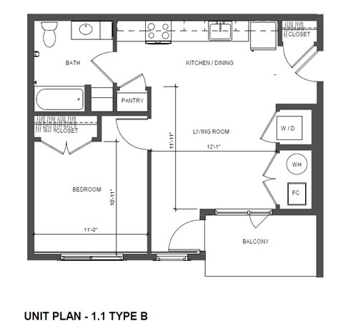 Floor plan for 1 bed, 1 bath, 576 sqft